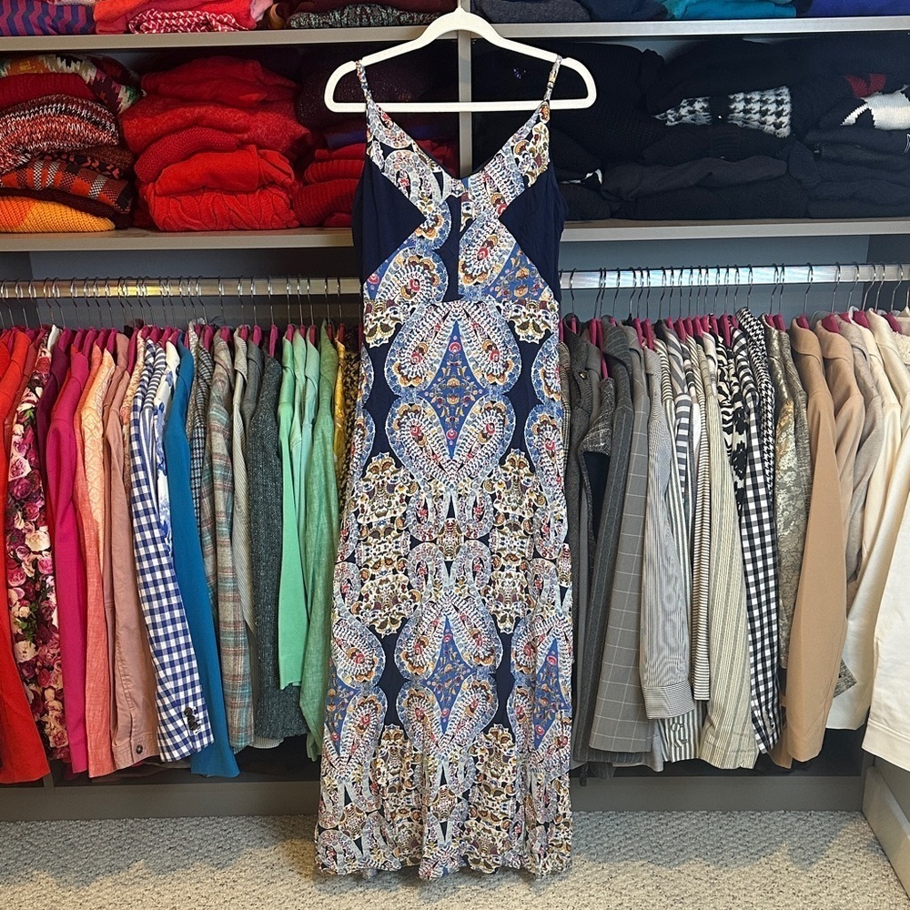 Xhilaration navy/multicolor print adjustable strap lined maxi dress size S